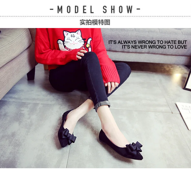 bow-knot women single shoes solid flock pointed toe shallow loafers cozy lazy slip on driving shoes black work shoes espadrilles