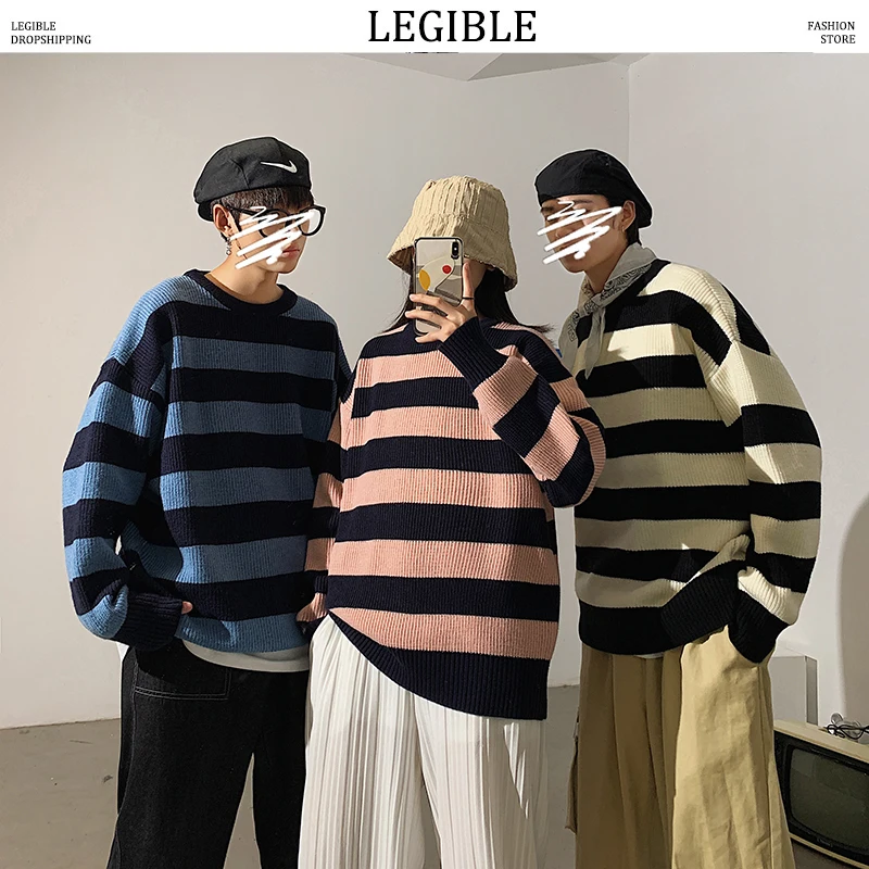 Gran venta Jerséis a rayas LEGIBLE para hombre, otoño 2020, estilo coreano, jerséis para hombres, ropa de calle Harajuku, ropa para hombre, jersey de pareja 6n95Bde8LBw