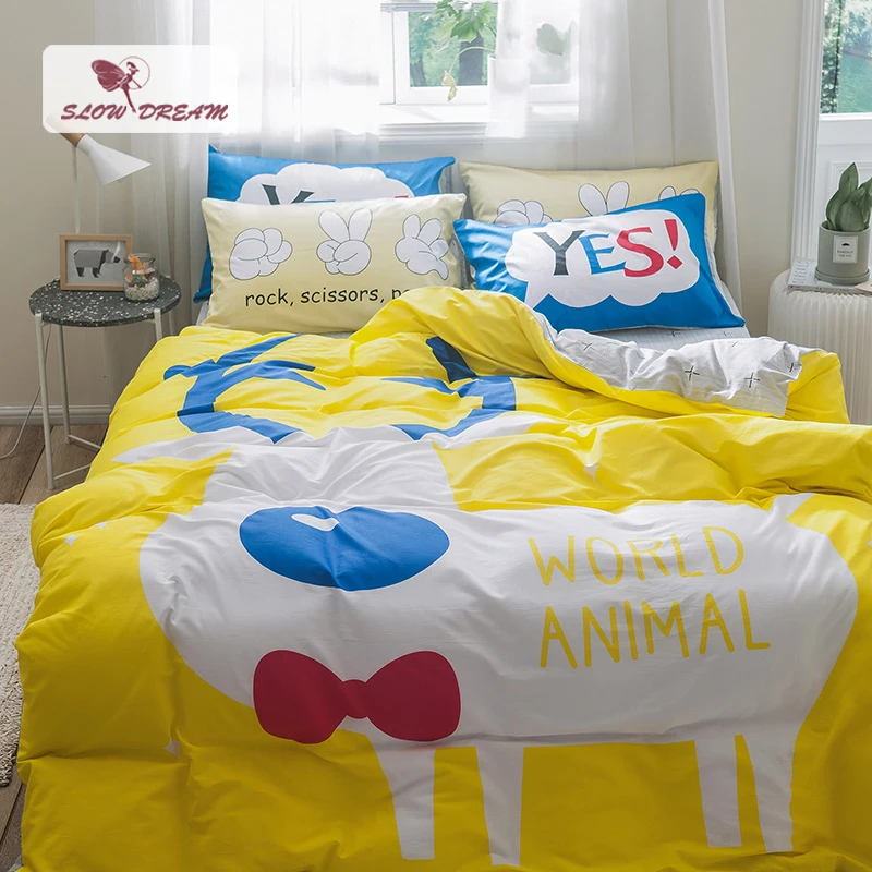 

SlowDream Bedding Set 100% Cotton Cartoon Fitted Sheet Elastic Band Kids Adult Flat Sheet Linen Bedclothes Decor Home Bedspread