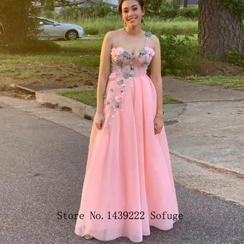 

Pink Tulle One Shoulder Aline Evening Dresses Prom Flowers Pleat Beads Vestidos De Fiesta De Noche Robe De Soiree Plus