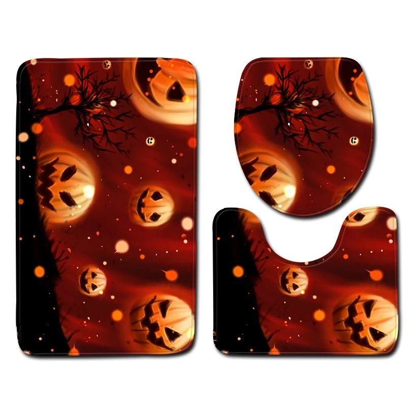 

3pcs Halloween Bath Mat Set Pumpkin Printed Anti Slip Shower Bathroom Mat Carpet Home Decor Toilet Lid Cover Rug Floor Mats