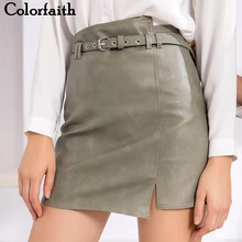 Colorfaith Новинка Женская юбка из искусственной кожи осенне-зимняя женская модная трапециевидная юбка с разрезом и поясом мини-юбка SK858