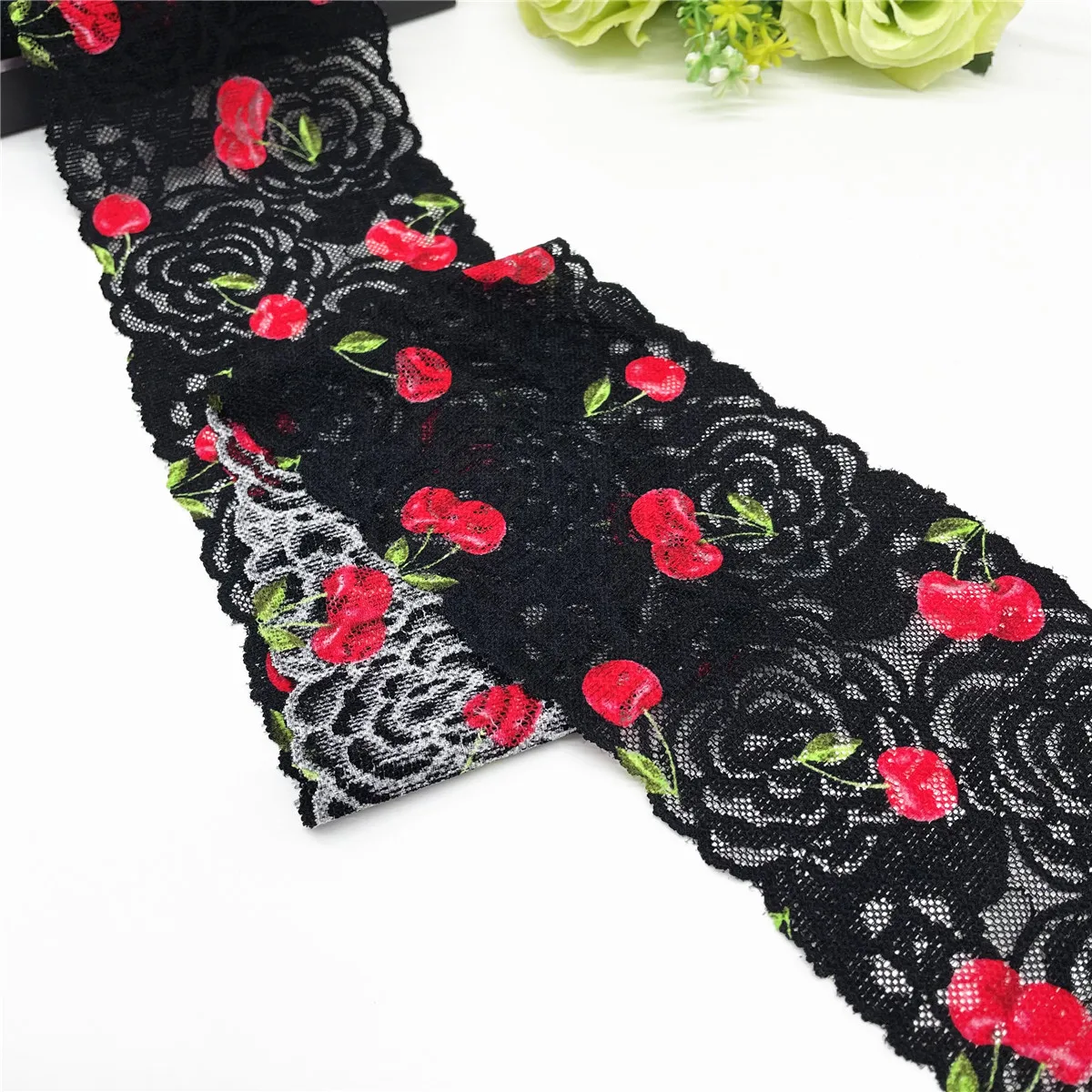 5y/lot Width 11cm Cherry Black Narrow Stretch Elastic Lace Trim 2