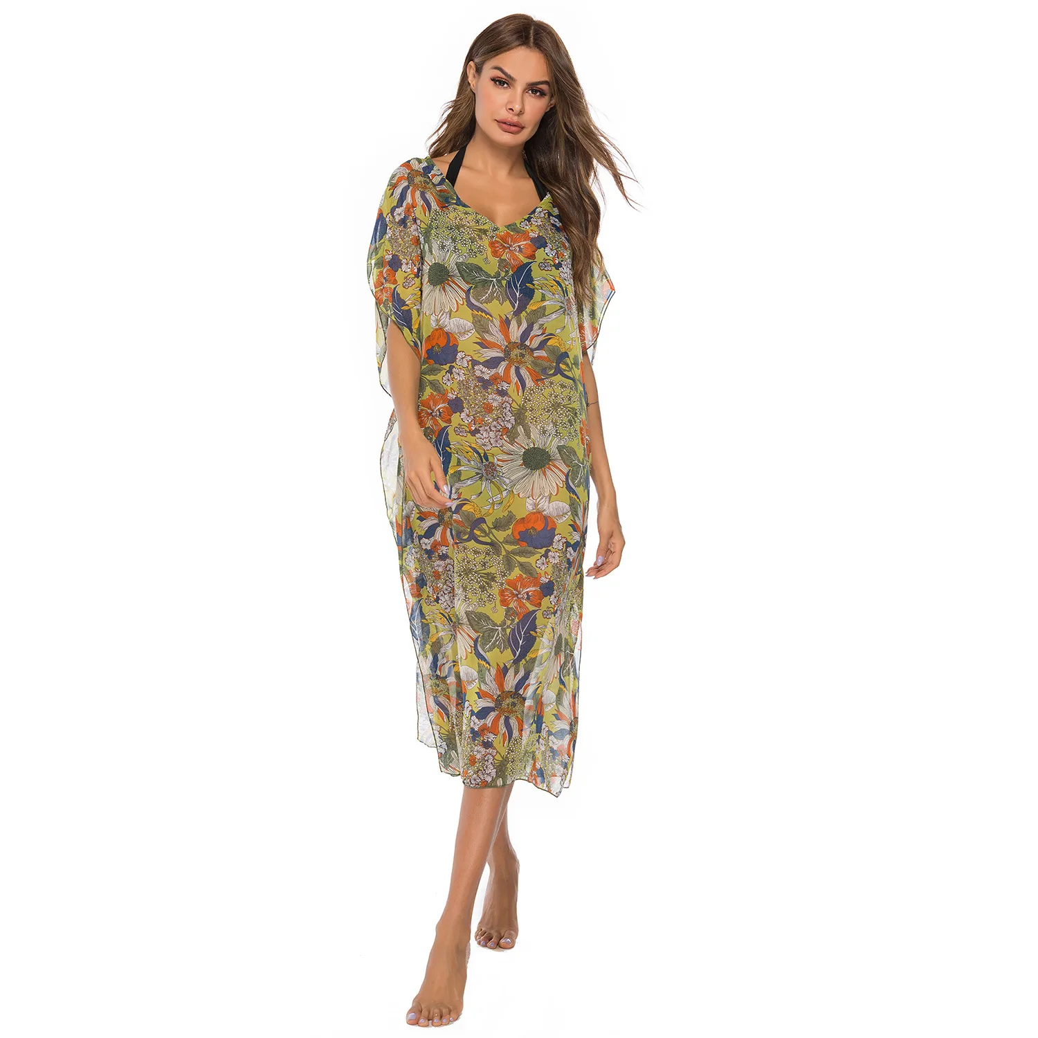 Армейский зеленый Пляжное платье размера плюс Плавание одежда Для женщин Туника накидка на Плавание костюм новые летние шеи печати шифон Для женщин юбка ацетат - Цвет: Армейский зеленый