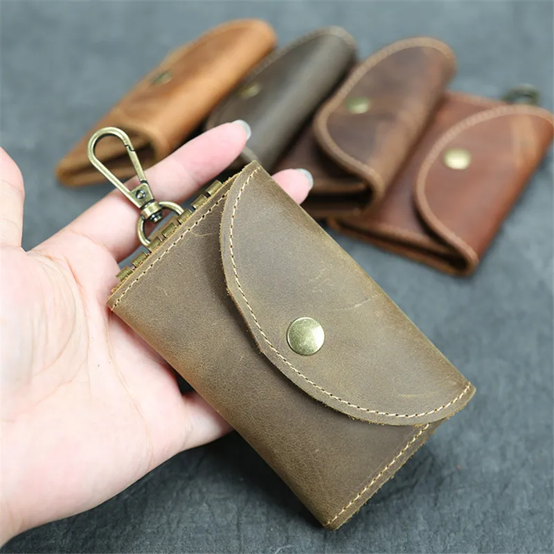 Handmade Genuine Leather Keychain Men Key Holder Organizer Pouch Key Wallets Housekeeper Key Case Card Holder Male Random Color