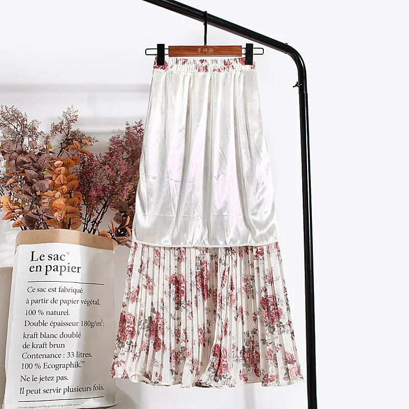 Saia para Mulher Cintura a Linha Longa com Forro Floral Chiffon Saia Feminina Impresso Longo Plissado Verão Elástico 16 saia para mulher verão elástico cintura a linha saia longa com forro