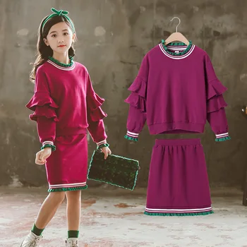 

Fashion Girls Fall Outfits Long Sleeve Sweet Tops + Lacework Skirt Kid Girl Clothes Sets 10 12 Year Girls Sets Clothing 2020 New