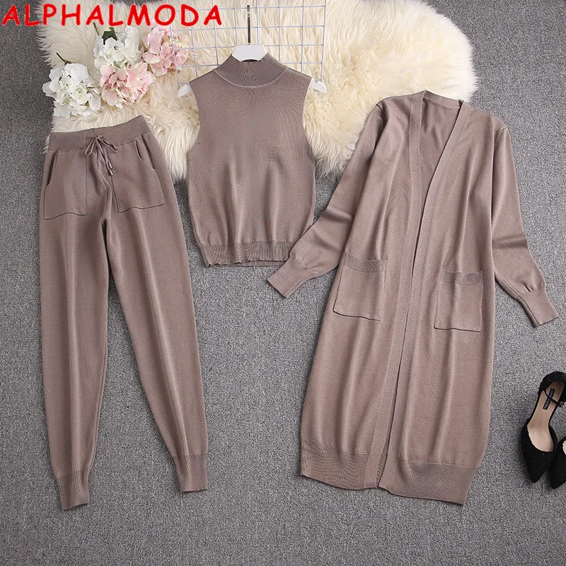 

ALPHALMODA Long Cardigans + Turtle Neck Vest + Pants Women Winter Trendy 3pcs Knitting Suit 2020 New Style Ladies Fashion Set