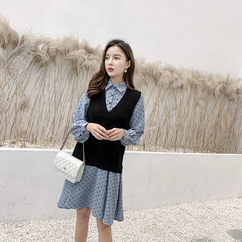

2019 Spring Clothing New Style Large Size Dress Fat Mm Mid-length Polka Dot Dress + Sweater Waistcoat Two-Piece Set