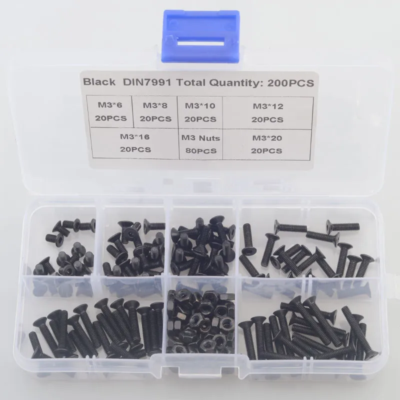 

200pcs M3 mm flat head countersunk head black grade 10.9 Alloy Steel Hex Socket Head Cap Screw DIN7991 Screws