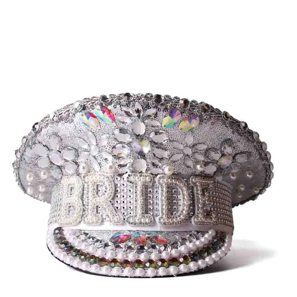 Women Sequin Burning Silver Bride Military Hat Handmade Sailor Captain Sergeant Hat Birthday Festival Part sailor hat women hats yacht captain hat women military hat