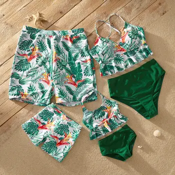 

PatPat 2020 New Summer Ruffle Hem Tropical Print Matching Swimsuits Matching Outfits Family Look Swimwear Green Color