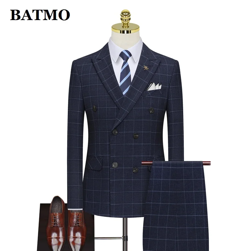 

BATMO 2021 new arrival double breasted plaid casual men suits,wedding suits for men, SJT862