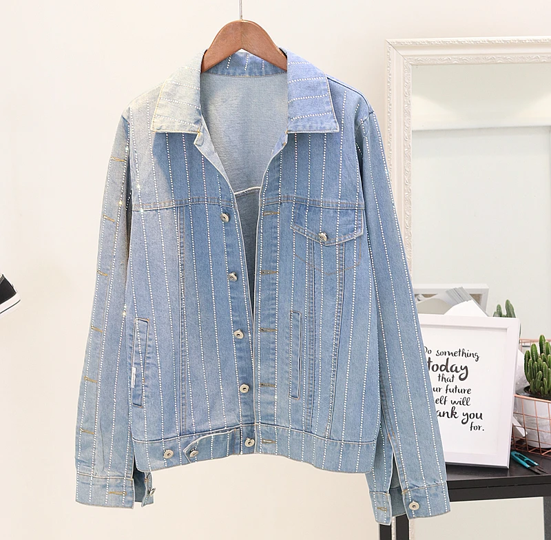 Harajuku Denim For Autumn 2020 Stripe Diamond Jeans Jacket Women Clothes Long sleeve Basic Ladies Coat | Женская одежда