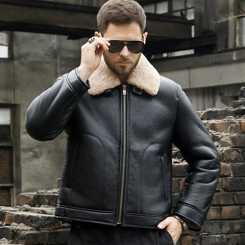 新メンズシープスキンムートンレザーコートをジャケットショートオートバイジャケット黒革冬のコート毛皮のコート