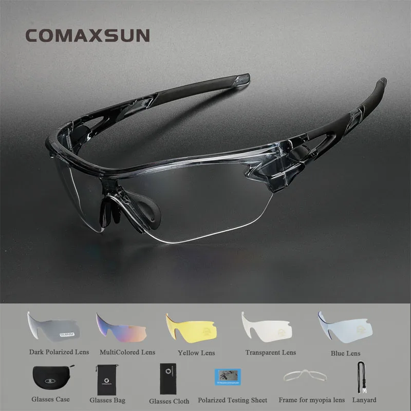 COMAXSUN, профессиональные поляризационные велосипедные очки, велосипедные, MTB, очки для рыбалки, спорта на открытом воздухе, TR90, солнцезащитные очки, UV 400, 5 линз - Цвет: Gray Black