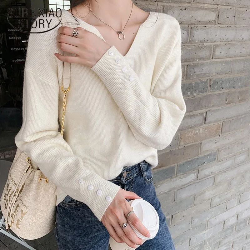 2022 Spring V-neck Female Pullover Sweaters Autumn Winter Full Sleeve Loose Women Knitted Jumpers Casual Elegant Lady Knitwear | Женская