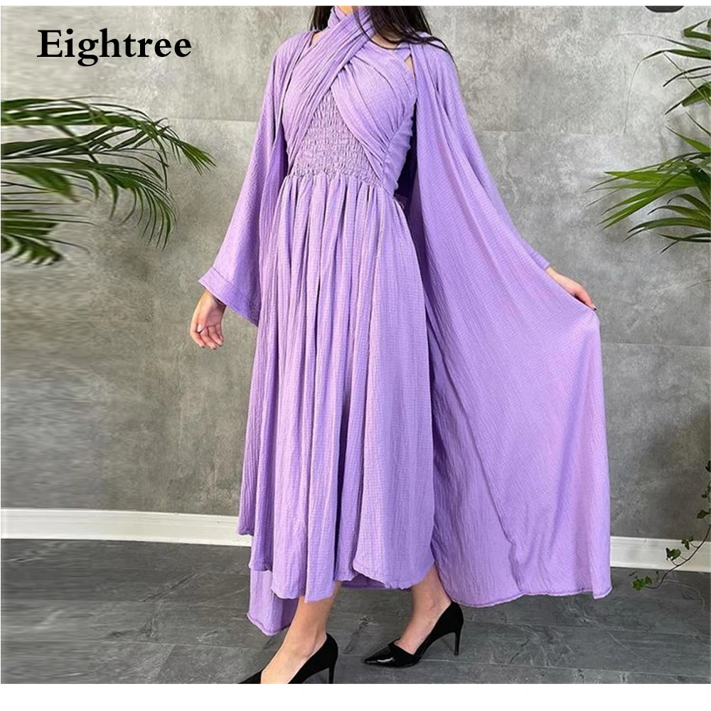 Eightree Lavender 2021 Saudi Arabia Long Sleeve Prom Dress Detachable Cloak Cross Neck Tea Length Pleated  Elegant Party Gowns