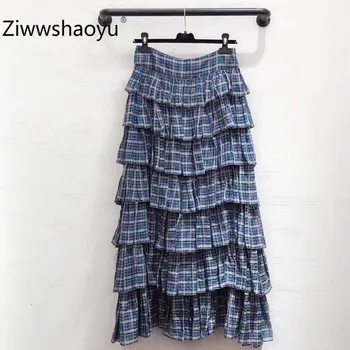 

Ziwwshaoyu Fashion Vintage Plaid Print Tiered Ruffles Maxi Skirt Women's Spring Summer High Quality Clothing 2020 New
