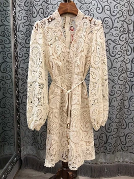 

2020 Spring and Summer New Women's V-neck Slit Decoration with Drawstring Waist Hugging Water Soluble Hollow Dress 616