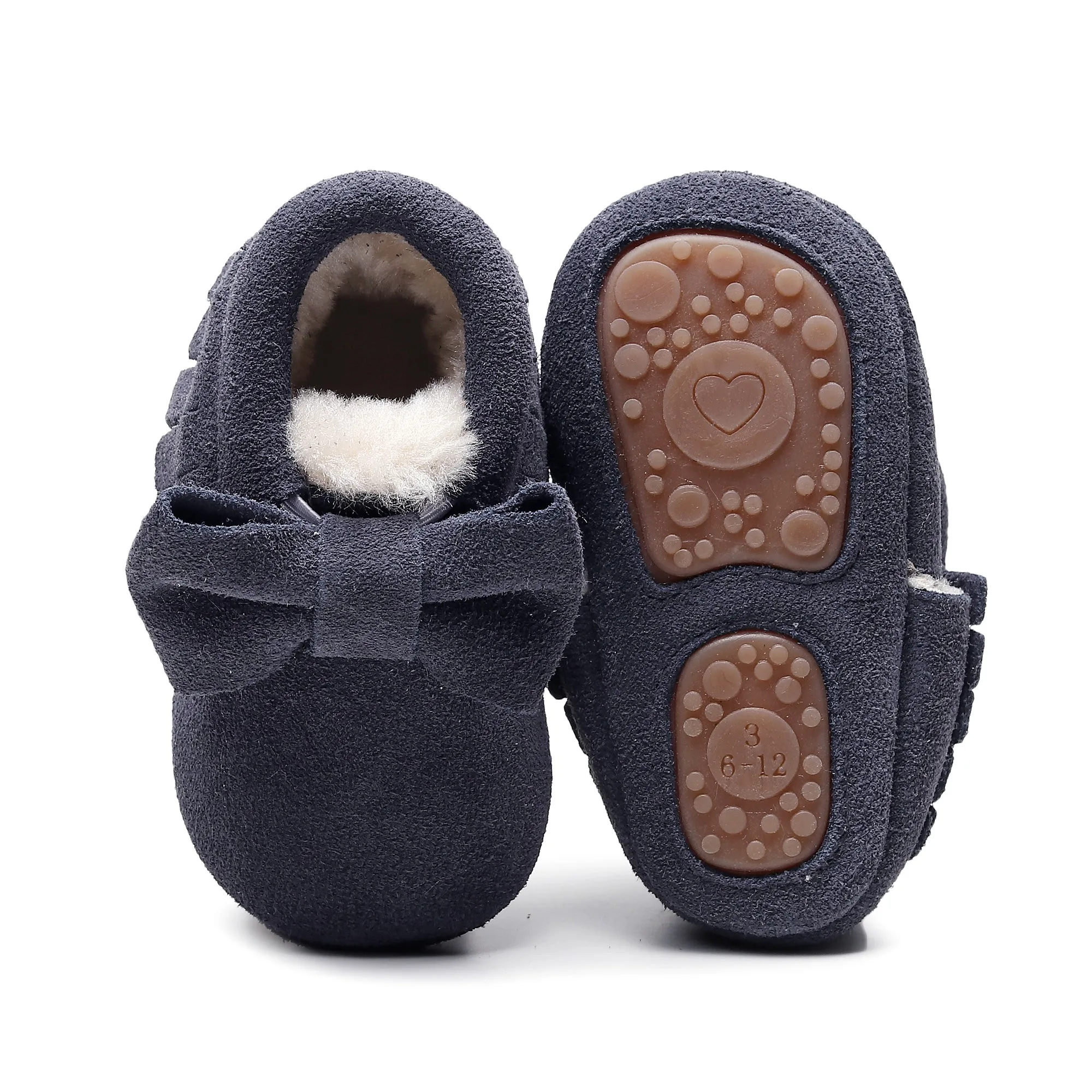 navy New Winter Children chamois Shoes Genuine Leather Party Baby Shoes Infant Toddler Moccasins Bow Fringe Hard Rubber - Цвет: navy