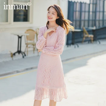

INMAN 2020 Spring New Arrival Literary Temperament V-neck Lace Hem Long Sleeve Dress
