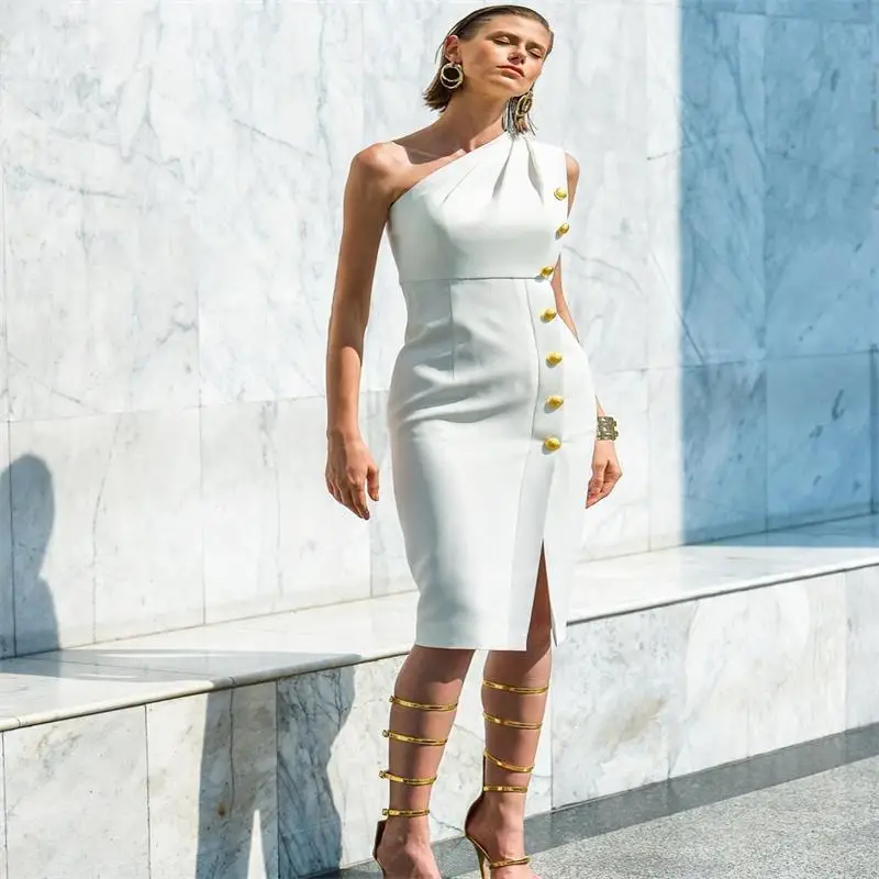 

New 2019 Autumn Celebrity Party White Sleeveless Shoulder Metal Buckle Slim Thin Irregular Waist Split Knee Dress Vestidos Sexy