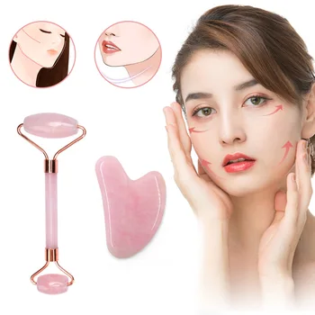 

Facial Massage Roller Double Heads Rose Quartz Jade Stone Lifting Face Body Skin Relaxation Slimming Beauty Health Care Set