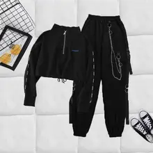 

2022NEW Women Cargo Streetwear Harajuku Pant Chain Females Two Piece sets Pants Buckle Ribbon Pocket Jogger Elastic High Waist
