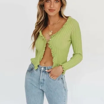 

Ruffled Collar Womens Sweaters 2020 Summer Clothing Green Knitting Cardigans long sleeve Fashion Casual Top sexy Sweater