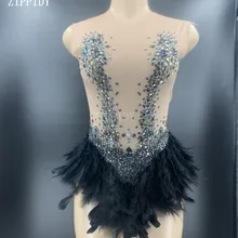 Сексуальный черный Стразы боди с перьями прозрачный костюм наряд праздничная одежда женский певец танец сцена купальник YOUDU