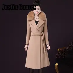 Женское пальто 2019 шерстяное пальто с воротником из искусственного лисьего меха, плотное пальто средней длинны для отдыха, Женское зимнее