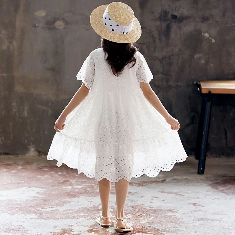 10 12 Years Girls White Lace Dresses Emboridery Cotton Big Girl