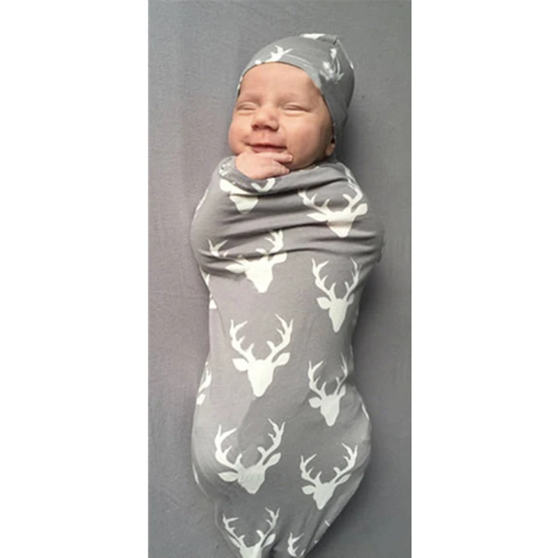 Детский серый спальный мешок с принтом оленя; маленькая шапочка; комплект из 2 предметов для новорожденных; спальный мешок для маленьких девочек; спальный конверт для новорожденных
