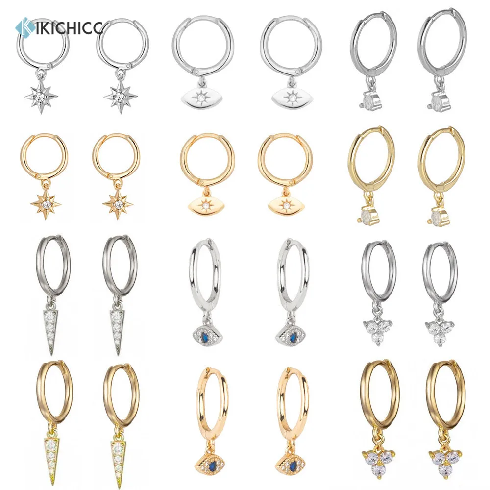 Kikichicc 925 Sterling Silver 8mm Huggies Circle Drop Earring Simple Loops Star Evil Eye Dangle Charm Circle Multi Type Earring