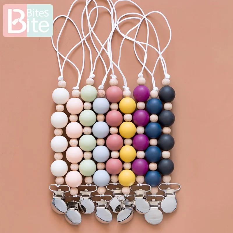 

Bite Bites Baby Silicone Teether Pacifier Clip Chain Food Grade Silicone Beads Metal Nipple Holder Wooden Beads Childen'S Goods