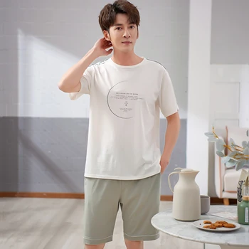

Men summer indoor and outdoor leisure wear simple round neck and short sleeves printed sleepwear modal short pants pajamas