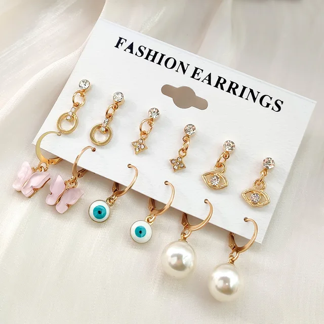 Flatfoosie 5Pair Pink Blue Heart Butterfly Drop Earrings Set For Women Boho Cute Star Moon Eye Dangle Earring 2022 Trend Jewelry 160011GD