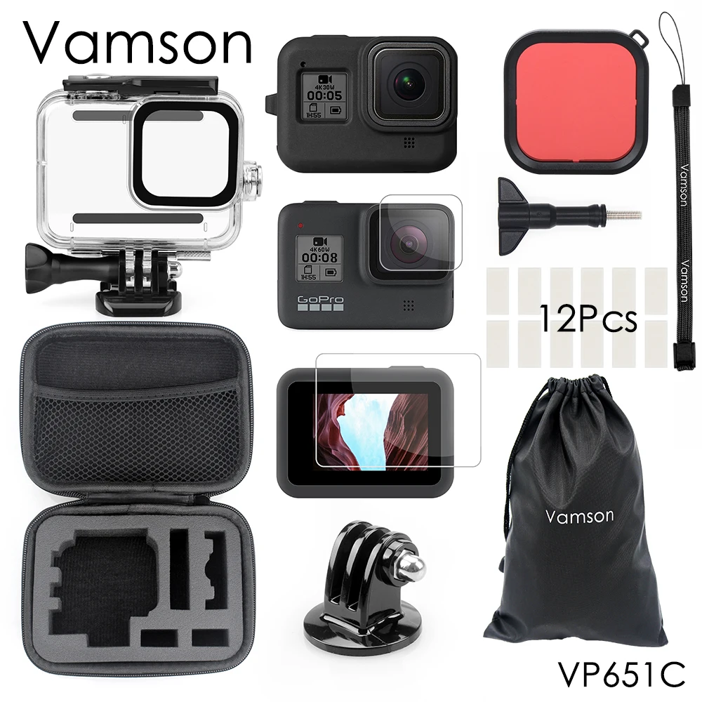 Vamson для спортивной экшн-камеры Go pro hero 8 для использования на глубине до 45 м Водонепроницаемый Корпус чехол с опорное крепление защитной красный фильтр для Gopro hero 8 черный VP651