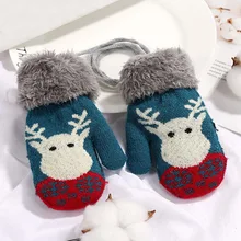 Милые детские Утепленные зимние теплые перчатки для девочек и мальчиков, детские варежки, хлопковые мягкие вязаные теплые перчатки с веревкой