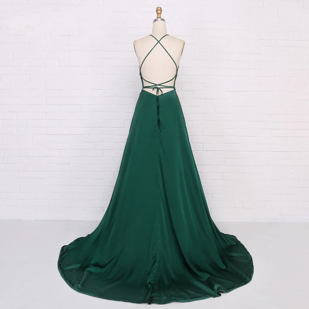 robe de soiree Sexy Dark Green Satin Evening Dress 2020 Slit Backless Prom Dress Halter Straps Back Evening Gowns Party Dress (7)