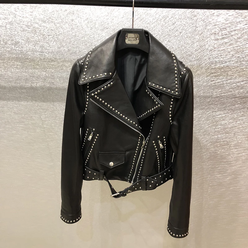 

Spring New Genuine Leather Clothes Women's Short Sheep Skin Locomotive Rivet Leather Jacket Celebrity Celebrity Style Coat