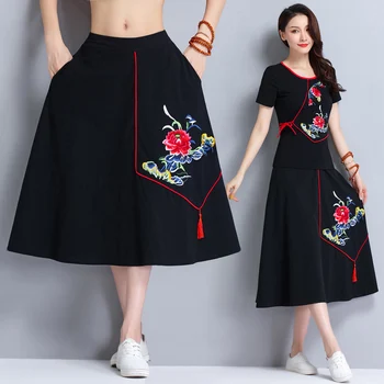 

KYQIAO long skirts for women autumn ethnic design vintage long black floral embroidery a-line skirt saias mulher