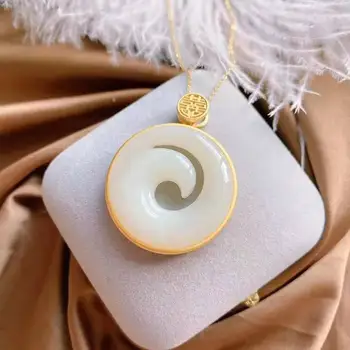 

New silver inlaid natural Hetian white jade Round Pendant Necklace with unique ancient gold light luxury charm women's jewelry