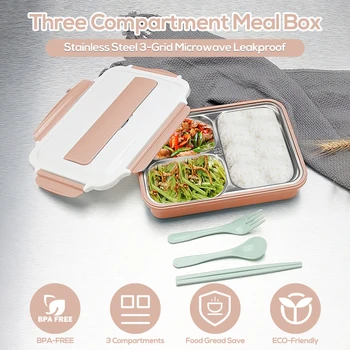 

Hot Lunch Box 3/4-Grid Stainless Steel Microwave Leakproof Four Compartment Meal Box with Free Tableware Set for Office Picnic