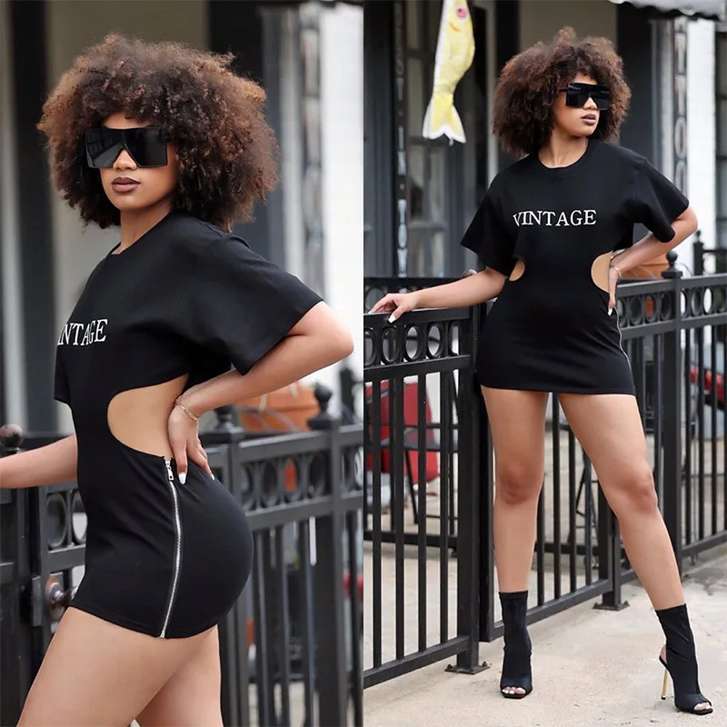 Chic Hollow Out Sexy Zipper Dress For Nightclub Wear Short Sleeve Club Party Black Dress Vintage Letter Print White Mini Vestito
