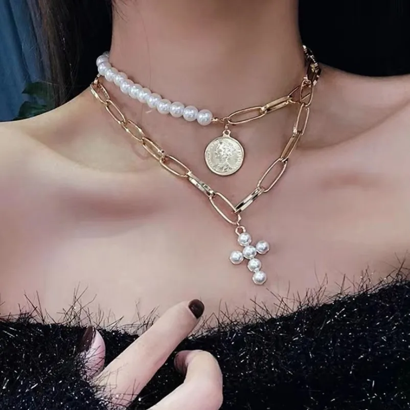

Europe And America Fashion Parts Retro Cross Queen Figure Necklace Pearl Alloy Double Layer Chain Special