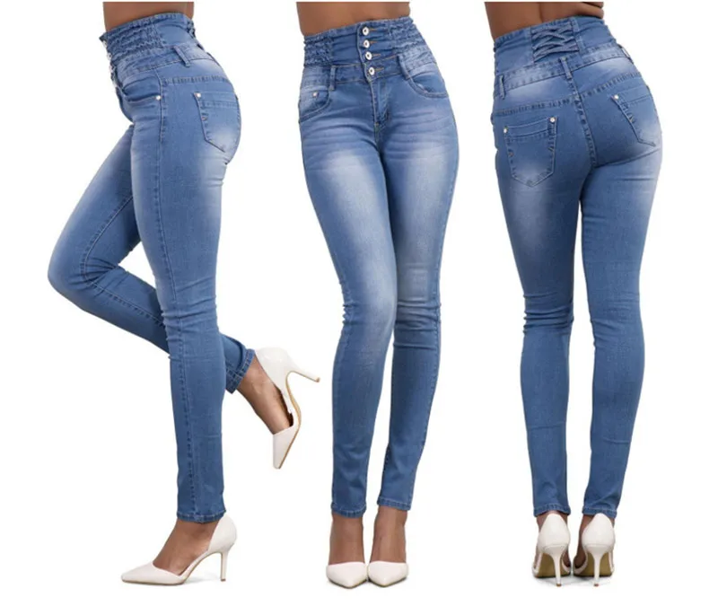 Spring Autumn Women Skinny Denim Light Pencil Pants Stretch Jeans High Waist Slim Button Pockets Pants Women Jeans