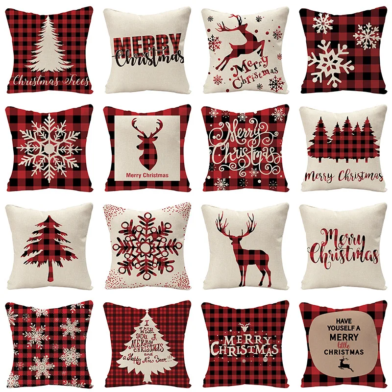 Linen Red Scottish Plaid Christmas Cushions Case Reindeer Trees Snowflakes Print Decorative Pillows for Sofa Couch Bed | Дом и сад
