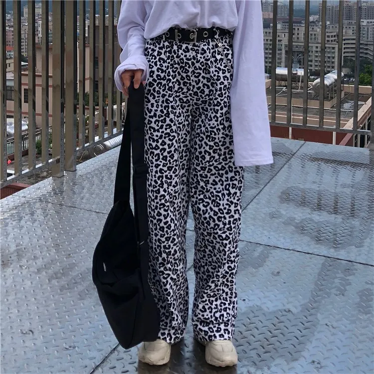 

Women Loose Leopard Print Wide Leg Pants Harajuku Streetwear Elastic Waist Hip Hop Pants